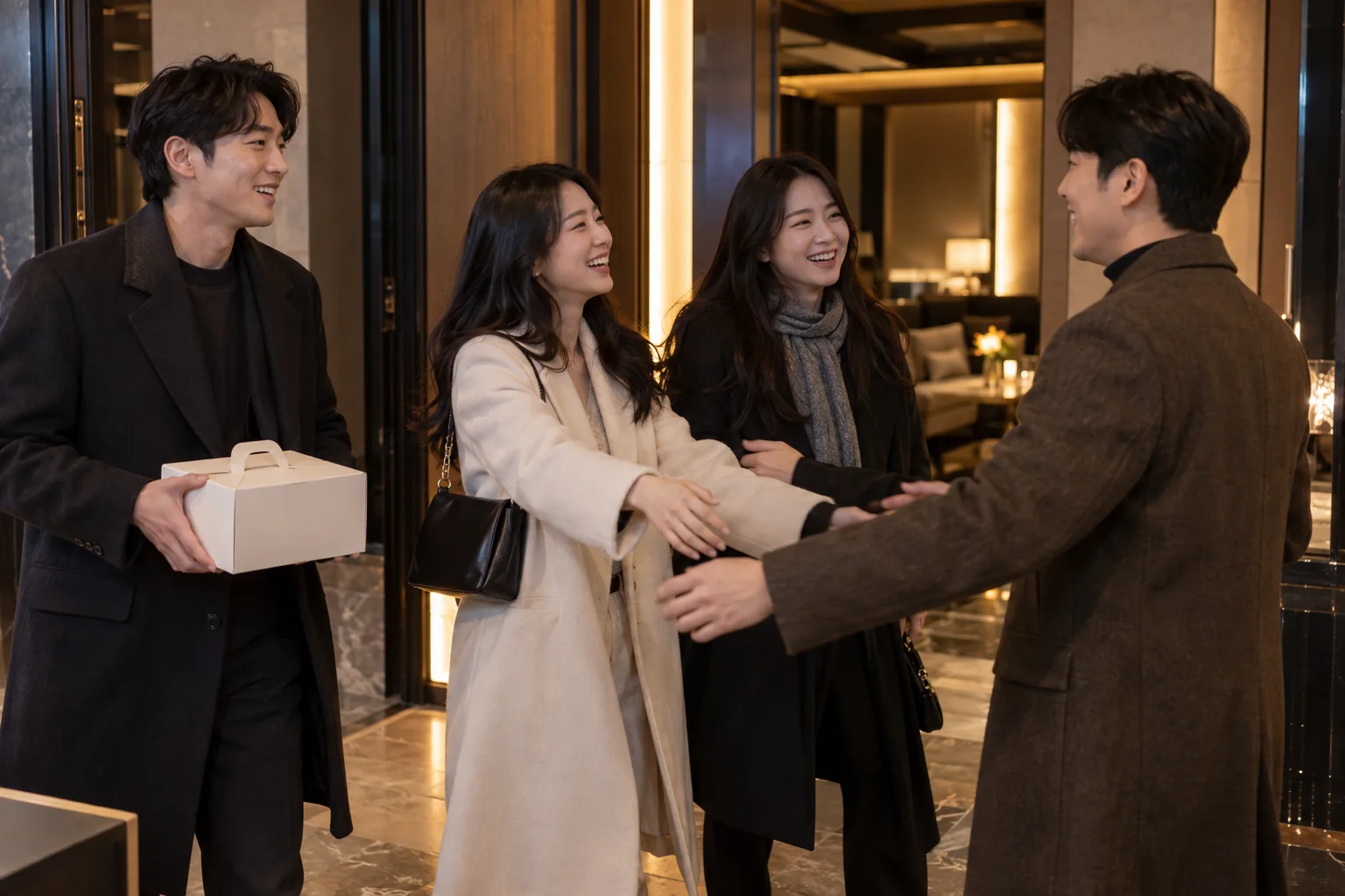 생일 케이크를 들고 청학동 모임 장소에 도착한 한국인 성인 일행