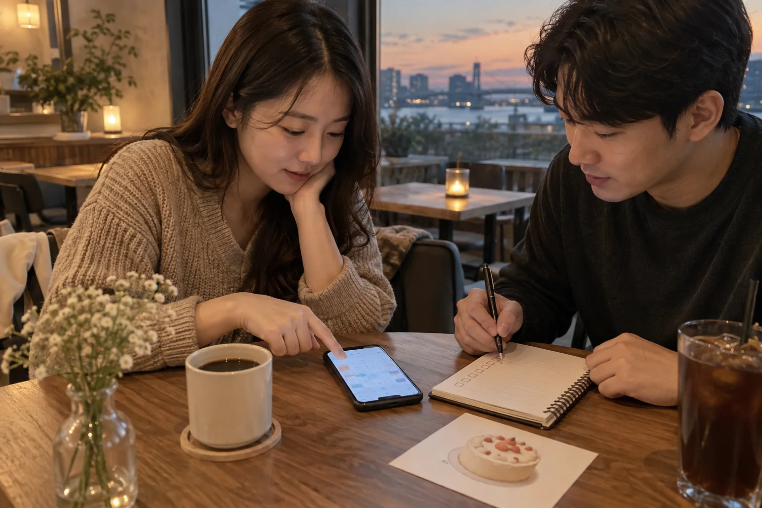 청학동 생일 모임 날짜와 준비 항목을 함께 확인하는 한국인 성인 두 명