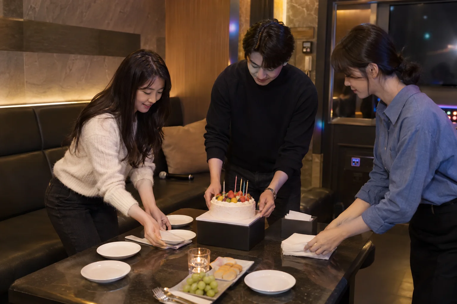프라이빗 노래 공간에서 생일 케이크와 접시를 준비하는 한국인 성인 일행