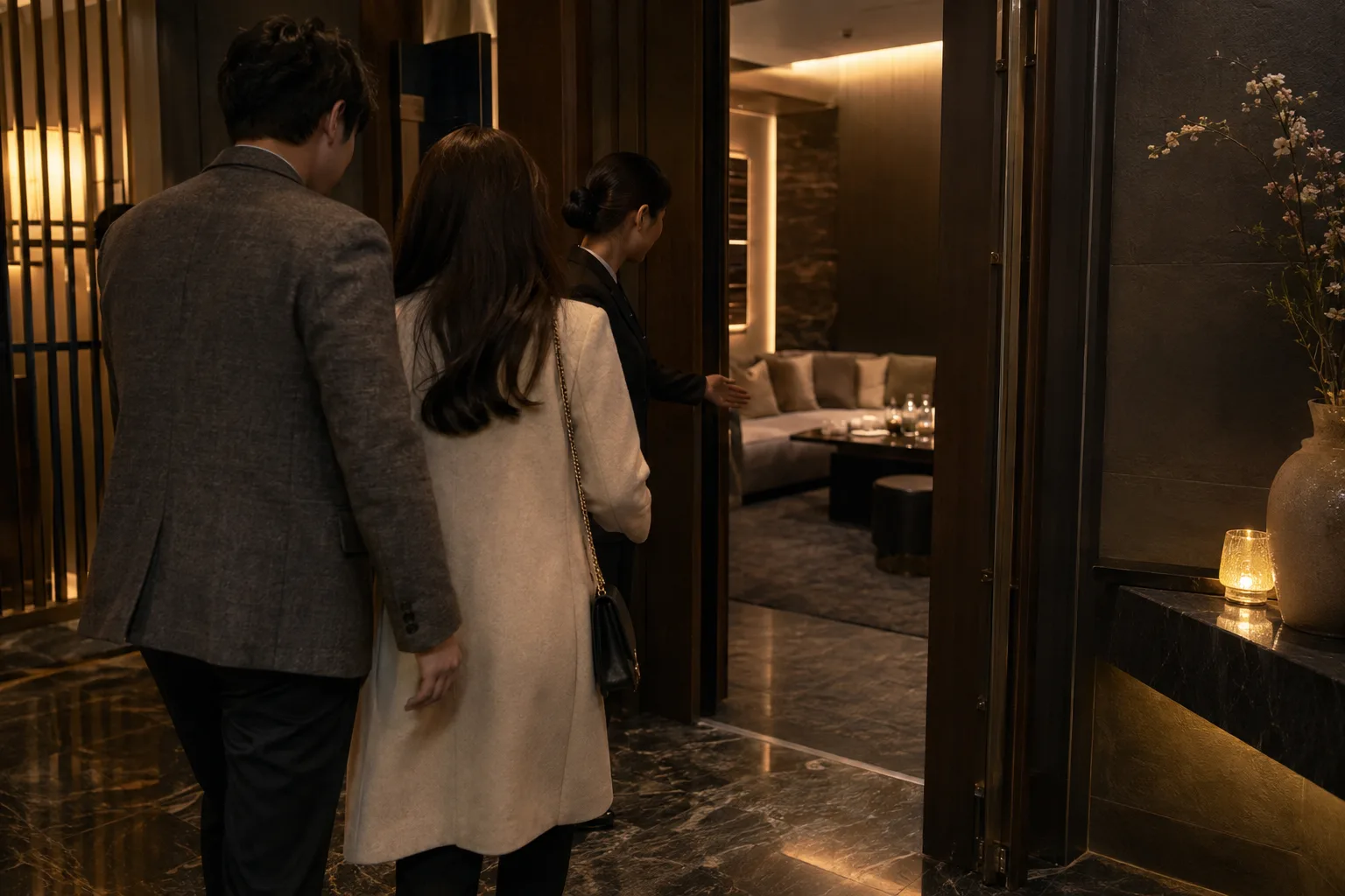 청학동 프라이빗 공간을 처음 방문해 안내받는 성인 일행의 연출 이미지