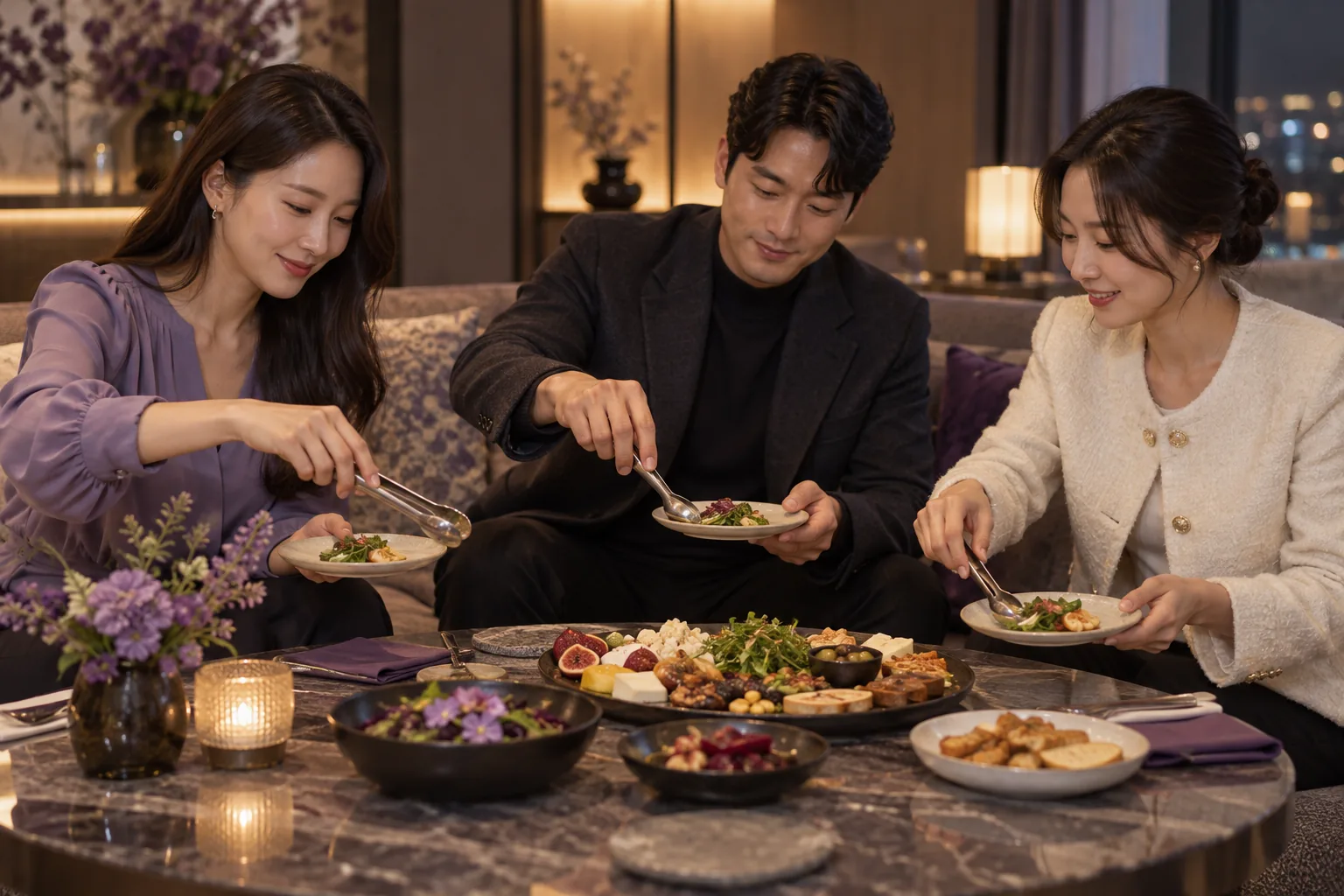 공용 안주를 개인 접시에 나누어 담는 한국인 성인 일행