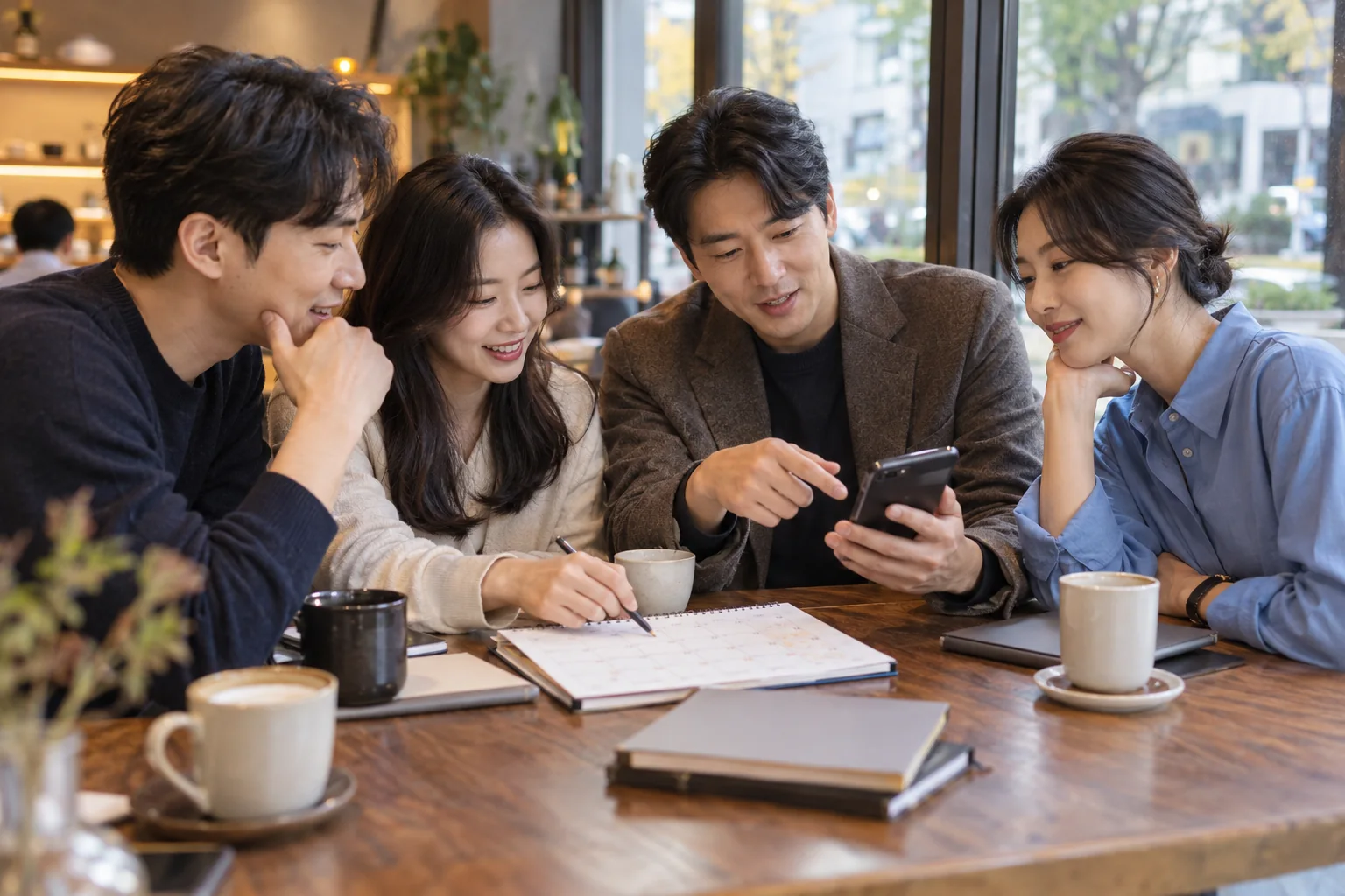 금요일과 토요일 청학동 모임 날짜와 인원을 함께 정리하는 한국인 성인 네 명